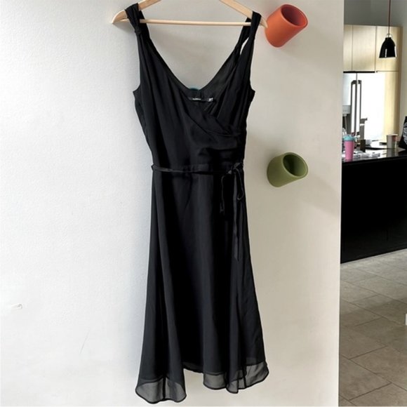 Black Silk Slip Mini Flare Dress with Thin Tie Belt - Picture 9 of 11